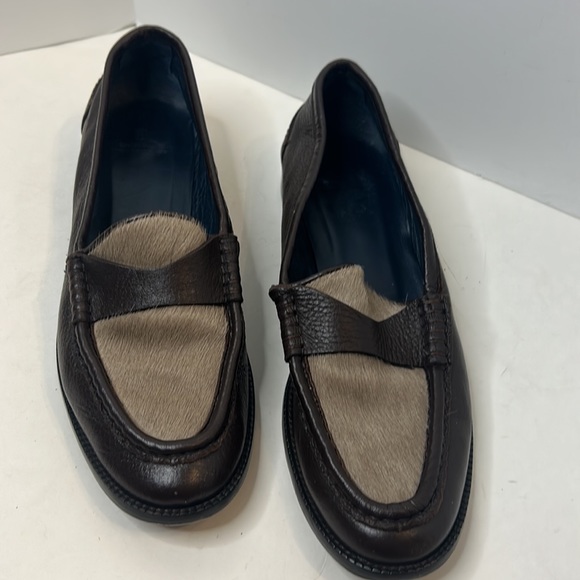 Massimo Dutti brown pebble loafers with hide hair on top. - Picture 2 of 6